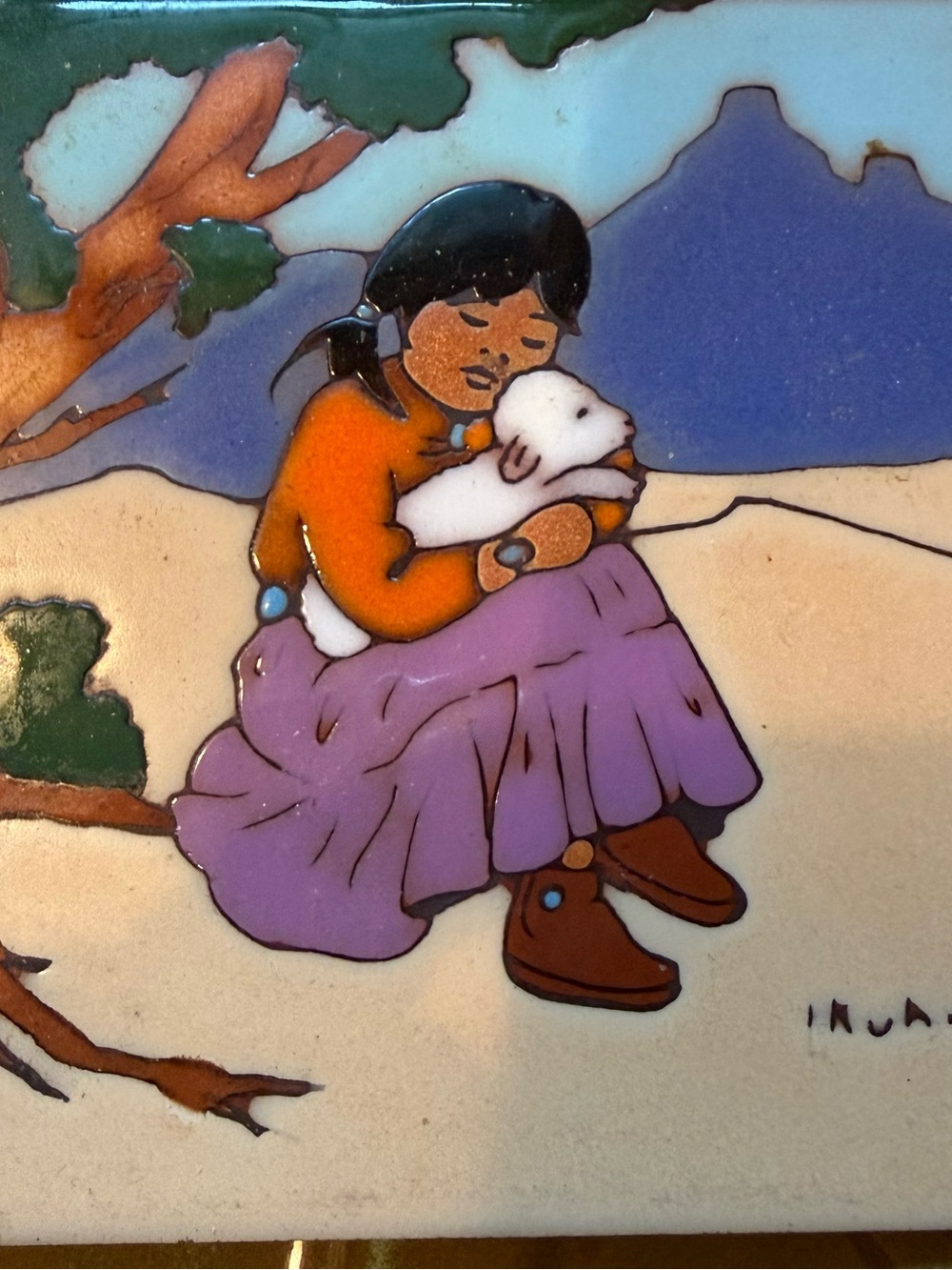 Earthtones Southwestern 6” Tile Trivet Signed L Kuhne 1984 Native Girl &lamb